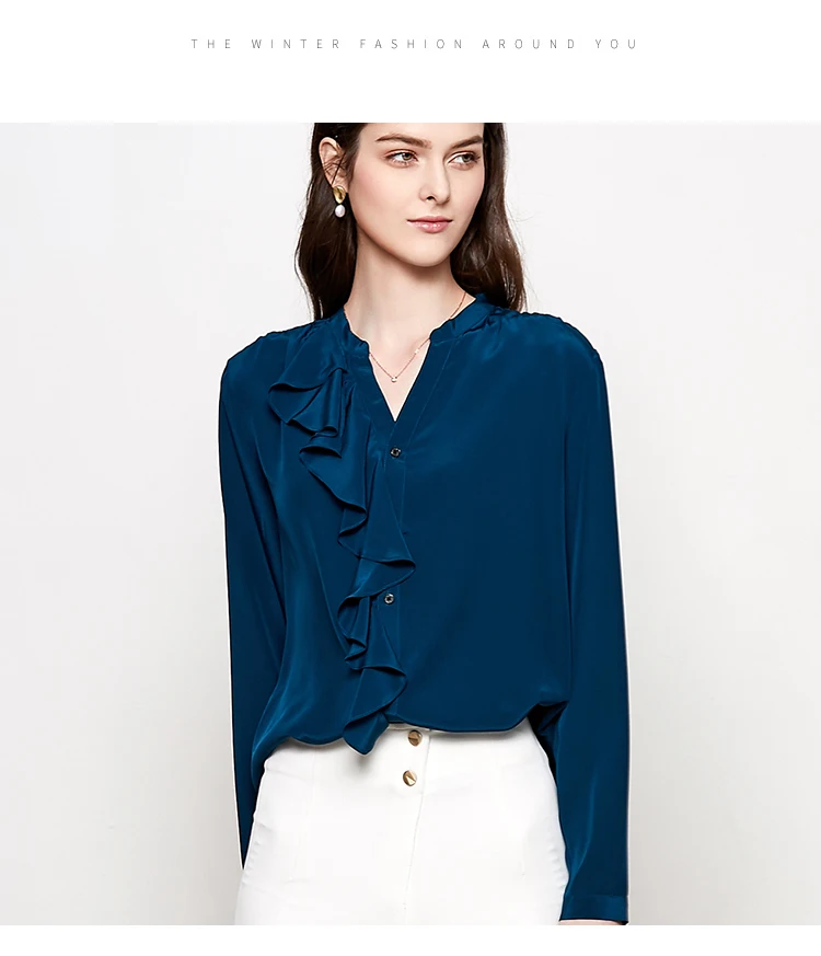 Женская блузка, 16 мм, натуральный шелк, офисные женские блузки с длинным рукавом и оборками, блузка для женщин, Blusas femininas, новинка