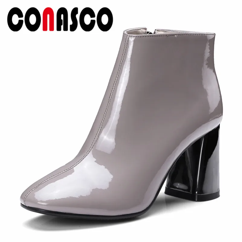 

CONASCO New Women Ankle Boots Round Toe Casual Quality Martin Boots Genuine Leather Zipper Autumn Winter High Heels Shoes Woman