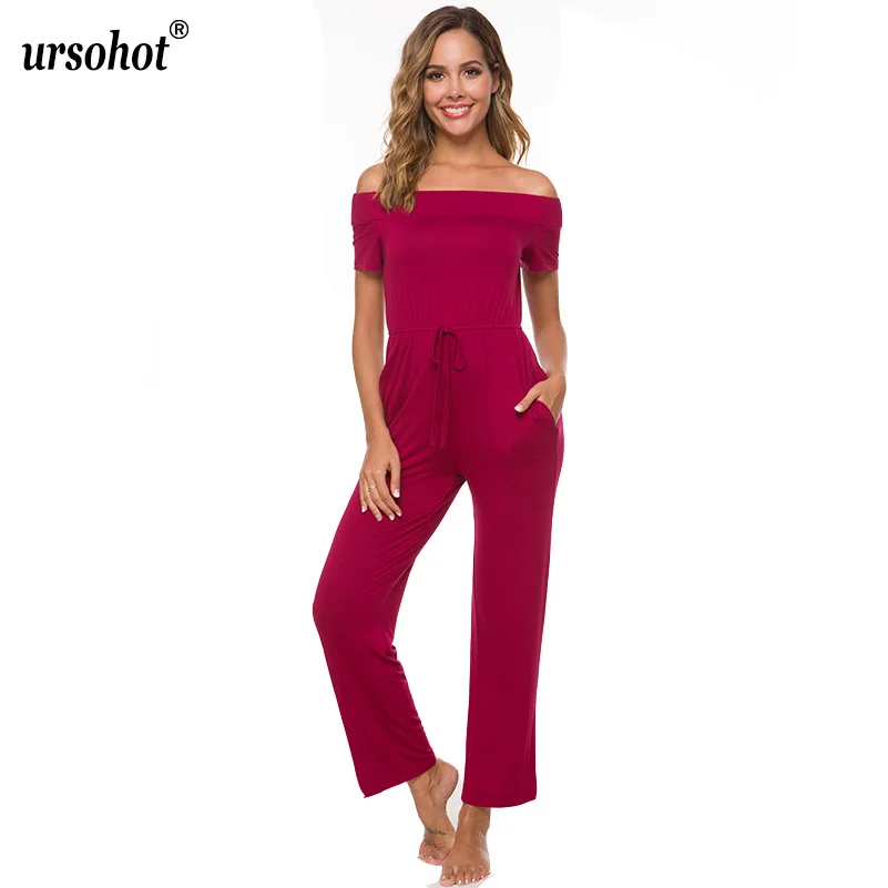 

Ursohot Off Shoulder Lace Up Drawstring Pockets Sexy Jumpsuit Women 2019 Summer Short Sleeve Outfit Vintage Party Beach Overalls