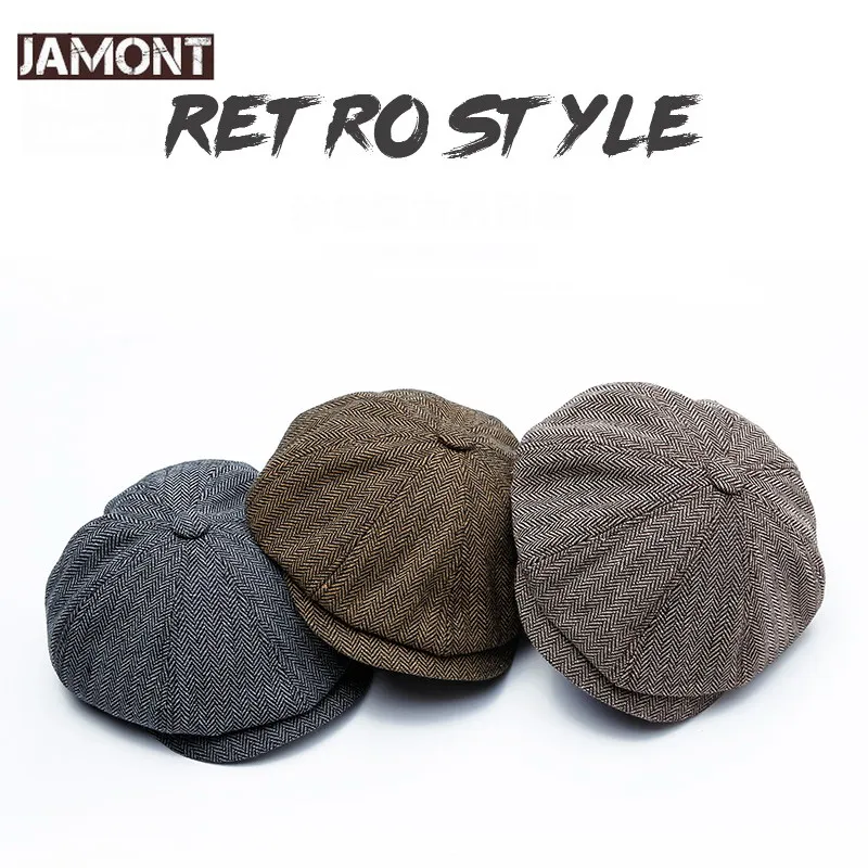 

JAMONT 2018 Autumn Winter Cap Men Women Newsboy Caps Vintage Beret Hat Octagonal Striped Artist Hats British Style Gorras