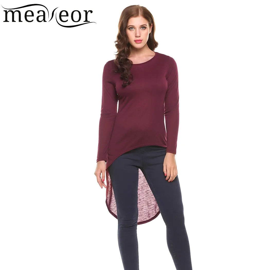 

Meaneor Women T-Shirt Spring Autumn New Fashion Casual O-Neck Long Sleeve Patchwork Irregular Hem Brand Feminino Long Tee Tops