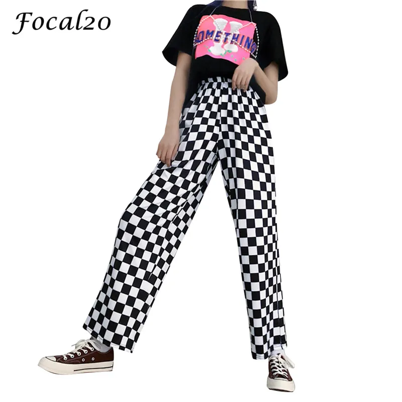 Focal20 уличная плед для женщин брюки для девочек эластичный пояс полной длины клетчатые черные и белые повседневные свободные прямые брюки