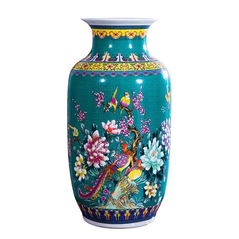 Jingdezhen ceramic Blue Green High Landing Large Vase Hundred Bird