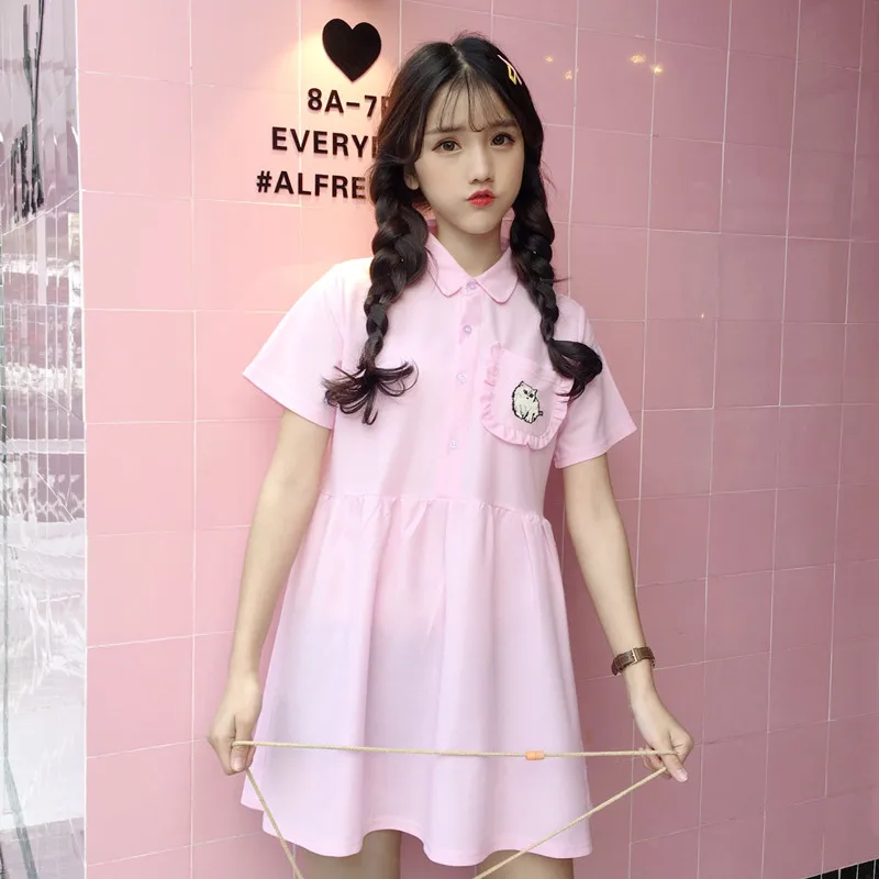 

Pink Lovely Cat Embroidered Lapel Dress Women's Dresses Ins Girl Kawaii Ulzzang Female Vintage Harajuku Punk Clothes For Women