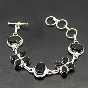 

Hermosa Fashion Jewelry BlackOnyx BlueTopaz Chain Links Bracelet For Women 7.5 Inch A185