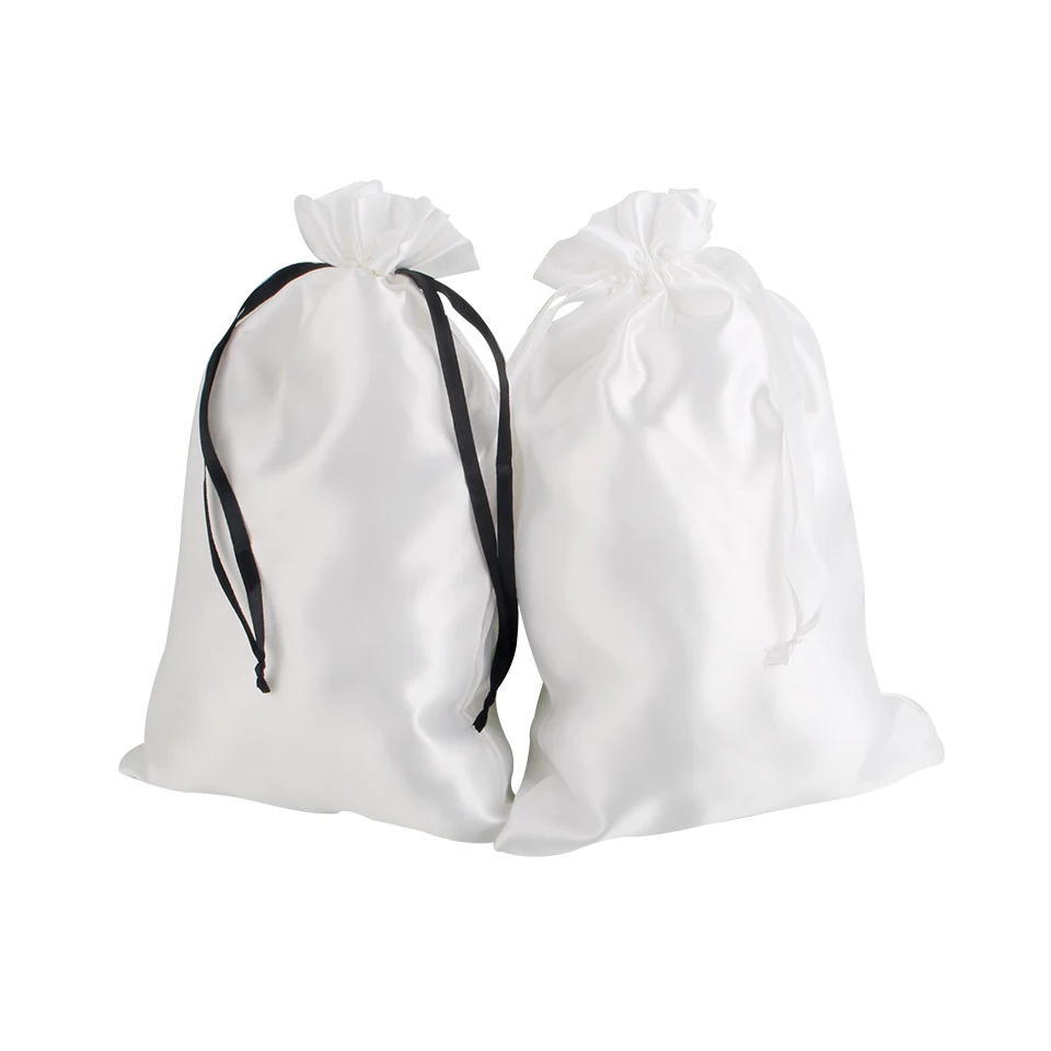 

Virgin Hair extensions silk satin packaging bag, white satin bag with white ribbon / black ribbon, gift packaging bag