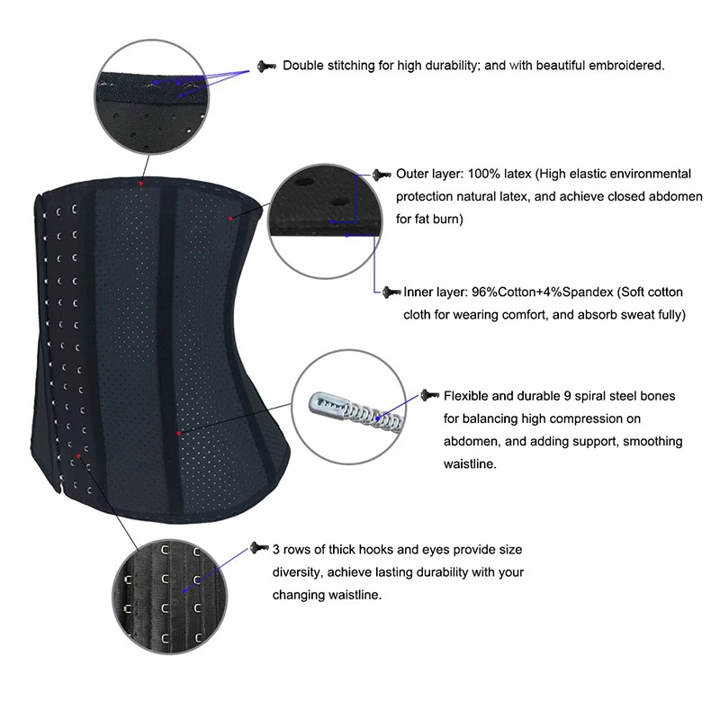 Женский 9 стальной; костяной; из латекса сетки Талии Тренажер Корсет Длинный Торс потеря веса 3 крючка песочные часы шейпер тела подгрудный пояс для похудения