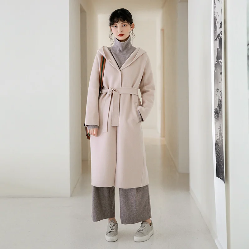 

LYNETTE'S CHINOISERIE Winter Women High Quality Loose Elegant Lazy Style Hooded Imported 100% Wool Coats Overcoat Outerwear