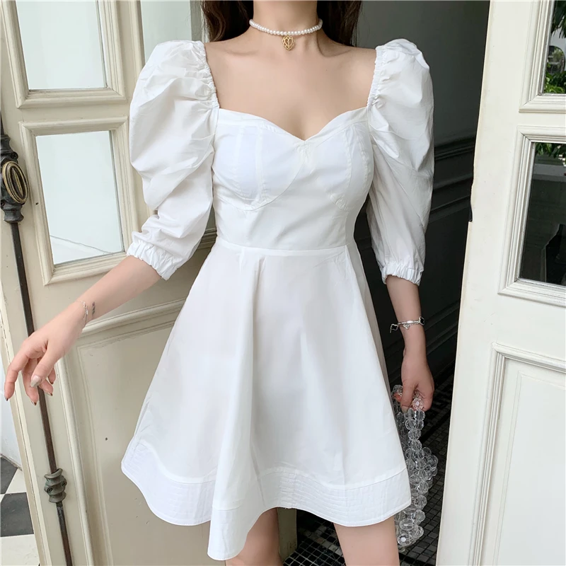 Элегантное платье женская одежда винтажный Стиль Мода корейский летний сплошной с пышными рукавами черный с высокой талией v-образным вырезом белые платья