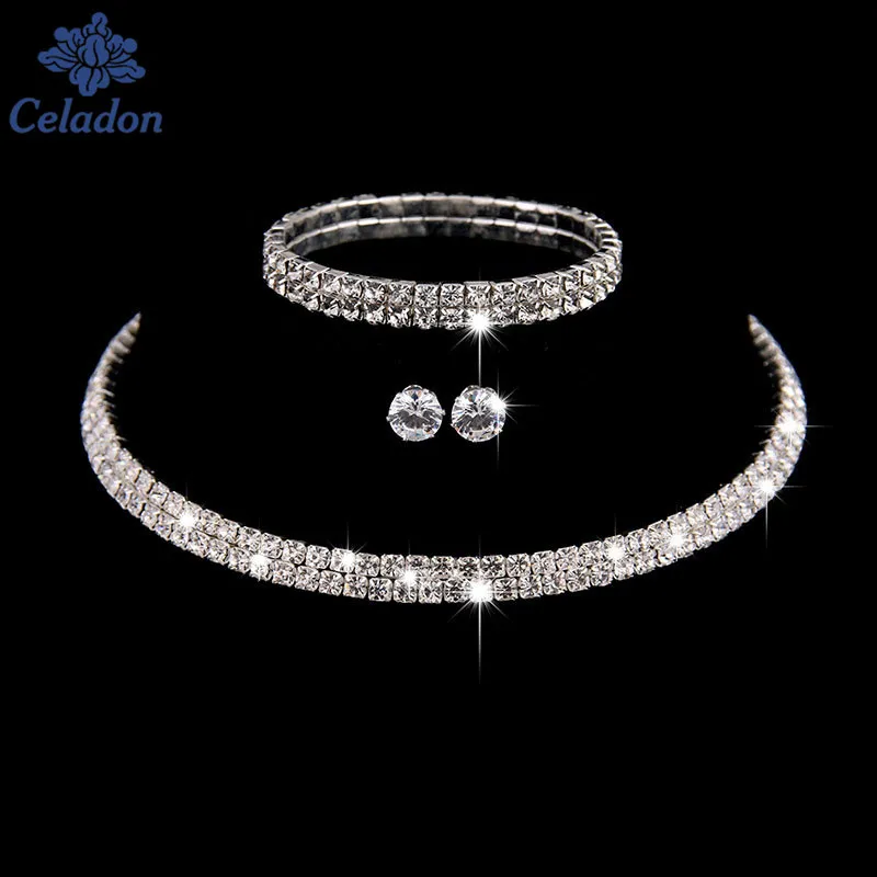 

New Arrival Hot Selling Bride Wedding Accessories Neklace Earrings Bracelets Inlay Rhinestone White Color Jewelry Set