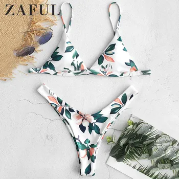 

ZAFUL Leaf Print Micro Bikini 2019 Plunge High Cut Bikini Padded Spaghetti Straps Swimwear Women Sexy Thong Brazilian Biquini