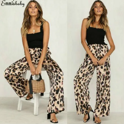 

Fashion Lady Silk High Waist Sexy Wide Leg Pants Summer Womens Soft Leopard Print Long Palazzo Loose Trousers Nightclub Pants