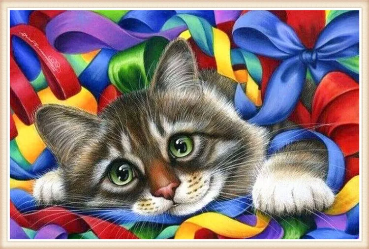 

Colored ribbon cat Diamond embroidery Diy diamond Painting Cross Stitch square 5D Needlework Mosaic Home Decoration