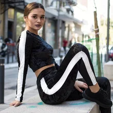 Autumn Winter New Women Velvet Splicing Suits Long Sleeved Sweatshirts Crop Top Two Piece Set Sporting