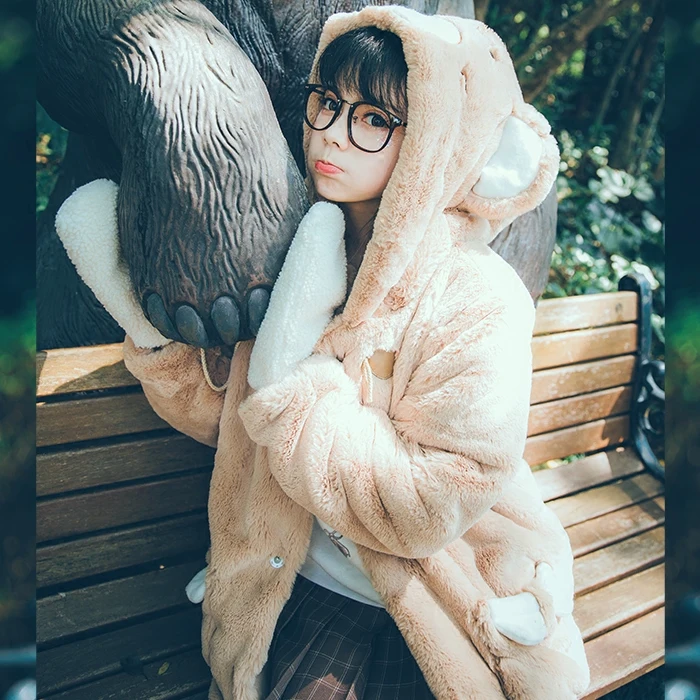 Очень милое Женское пальто с искусственным мехом розового кролика, пушистое пальто с капюшоном, зимнее плотное пальто с длинным рукавом в стиле Лолиты с заячьими ушками медведя, теплая верхняя одежда