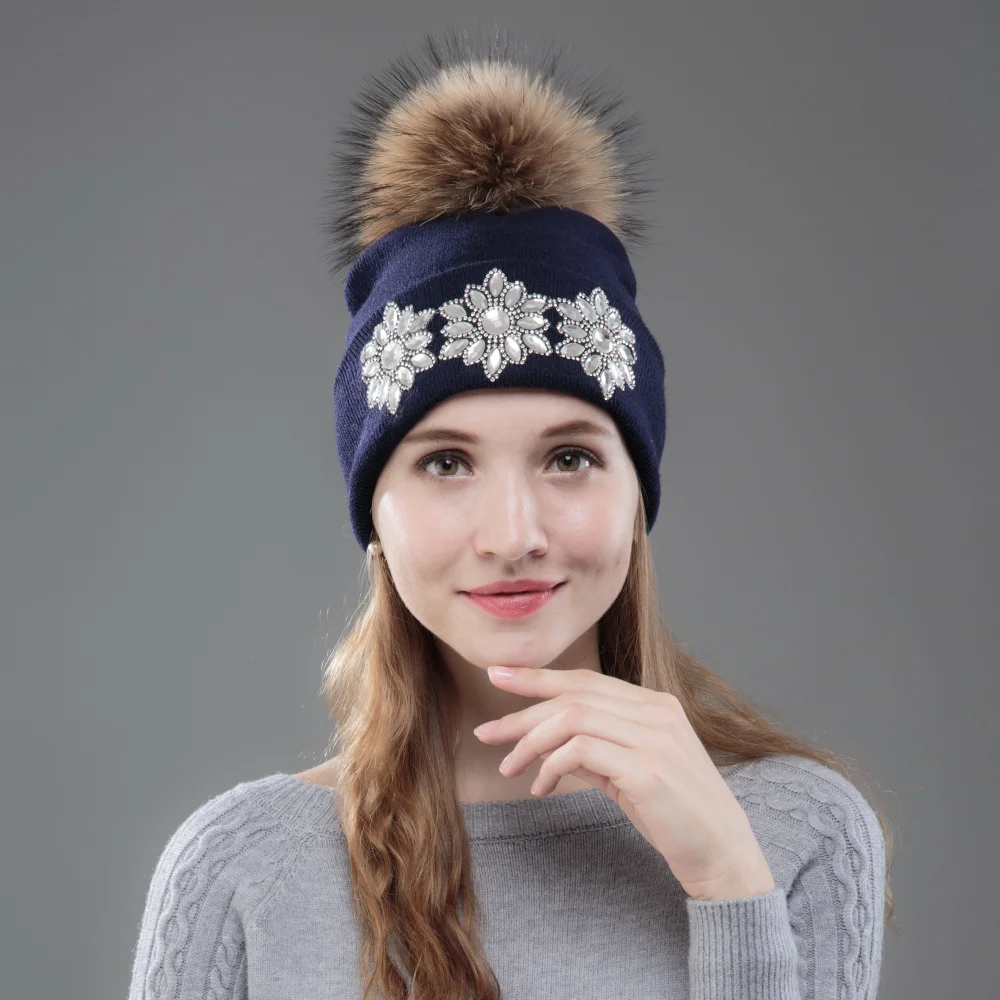 Женская Роскошная зимняя шапка с кристаллами, цветочный дизайн, теплый плотный большой Лисий шарик-помпон, повседневные зимние шапочки