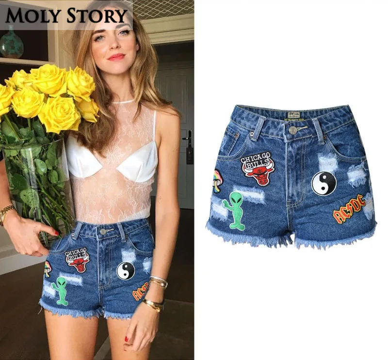 

New Fashion Cute Patches Jean Shorts Women High Waisted Ripped Denim Shorts Femme Slim Short Jeans