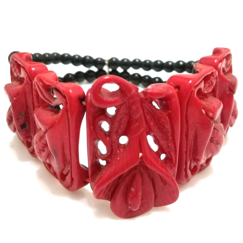 

7 inches Stretch Style 20*30mm Red Flat Hollow out Flower Hand Carved Natural Coral Bracelet