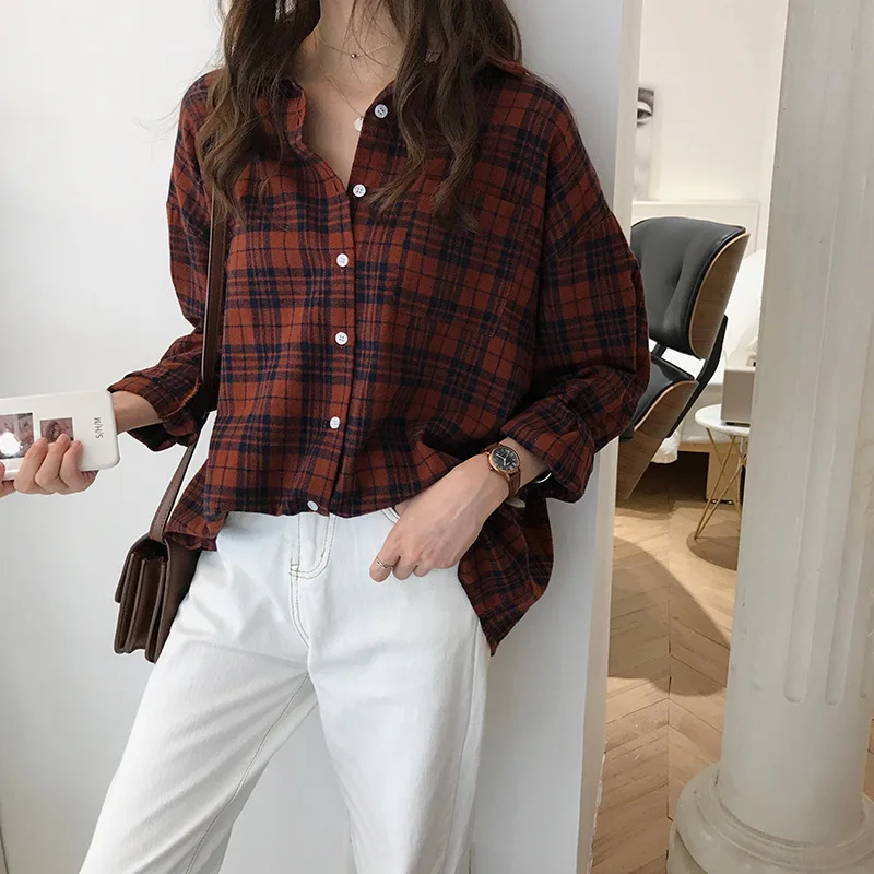 

Retro Plaid Single-breasted Chic Shirt Tops Full Sleeve Turn-down Collar Long Summer Blouse Women Plus Size Loose Casual Blusas