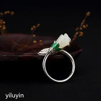 

KJJEAXCMY boutique jewelry S925 pure silver mosaic and jade white jade Cloisonne Rose Rose female open ring ring.