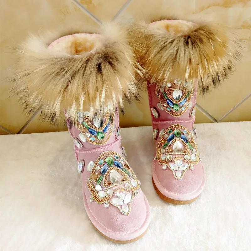 

US4-11 Womens Genuine Leather Real Fox Fur Mid Calf Rhinestones Crystal Snow Boots Thick Winter Warm Shoes HOT Pull On Flat DIY