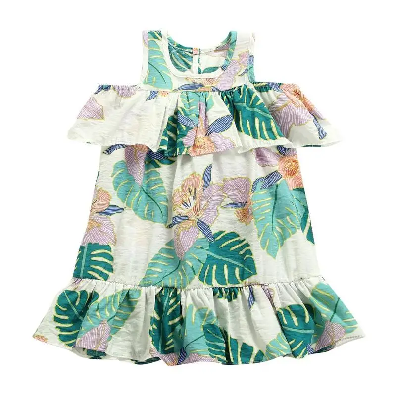 

Summer Holiday Girls Off Shoulder Dress Leaves Print Ruffle Hem Clothes