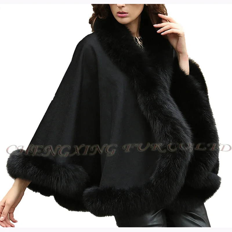 

CX-B-P-54B Hot Sale Women Winter Luxury Fox Trimmed Fur Poncho Fur Cape