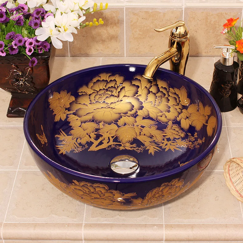 Синий Сапфир золотой пион живопись в китайском стиле умывальник тонкой керамики для ванной умывальник для ванной раковина умывальник керамический