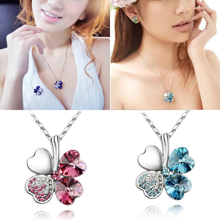 

Accessories Imitation Crystal Lucky HEART Four-leaf Clover Pendant Necklace Charming Jewelry