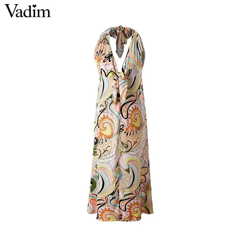 

Vadim women sexy print halter collar dess bow tie sleeveless backless female summer beach style maxi dresses vestidos QC343
