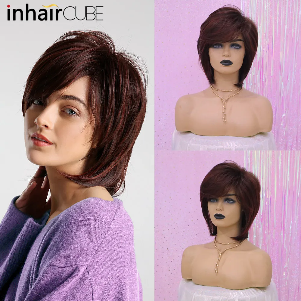Inhaircube sintético inclinado flequillo Peluca de mujer rojo vino con relieve de pelo corto recto Bob pelucas Cosplay Auburn peinado Inhaircube sintético inclinado flequillo Peluca de mujer rojo vino con relieve de pelo corto recto Bob pelucas Cosplay Auburn peinado