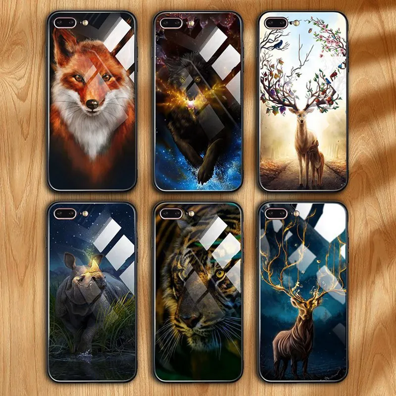 Hisomone Luxury Animal Tempered Glass Case For iPhone 7 7Plus Silicon Phone Case For iPhone X 8 8Plus 6 6S Plus Cover Coque
