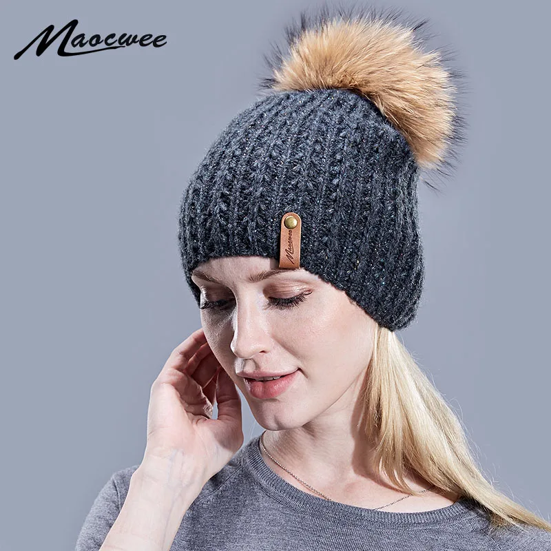 Женская зимняя шапка с помпоном из натурального меха енота|Женские Skullies и