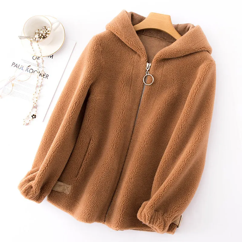 BELIARST/ осенне-зимнее новое пальто из овечьей шерсти с коротким капюшоном, модная меховая шуба из овечьей шерсти, кардиган - Цвет: caramel