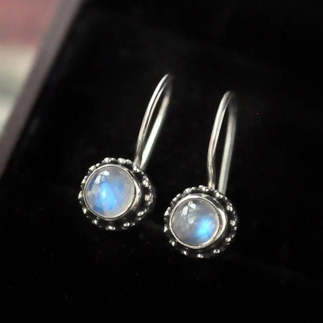 925 Silver Retro Women Moonlight Gemstone Ear Dangle Hook Earrings Jewelry Gift