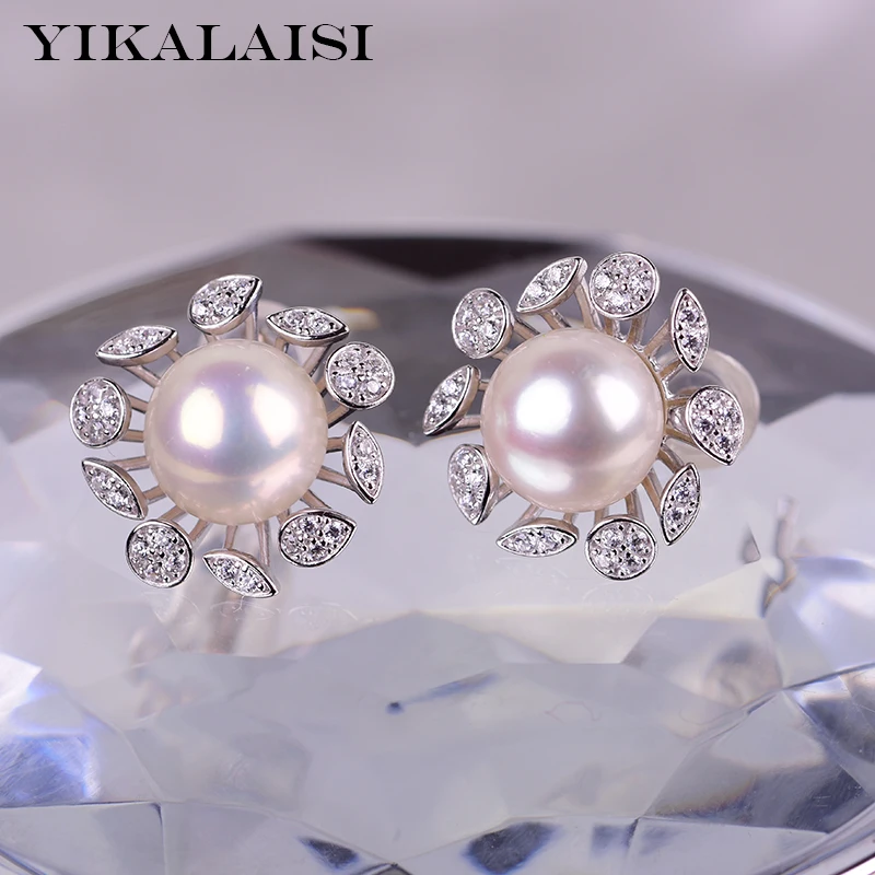 YIKALAISI 925 пробы серебряные серьги из натурального пресноводного жемчуга ювелирные изделия для женщин 8-9 мм Размер Жемчуга Цветок кольца