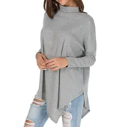 Модные женские футболки 2018 Повседневный пуловер с длинным рукавом однотонный Водолазка Топы Camiseta feminina Женская Осенняя футболка серый