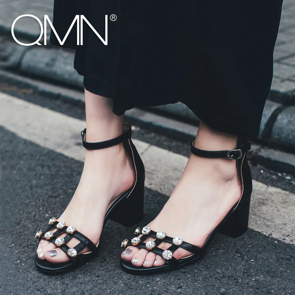 

QMN women genuine leather sandals Women Crystal Embellished Block Heels Ankle Strap Summer Leisure Shoes Woman Leather Sandals