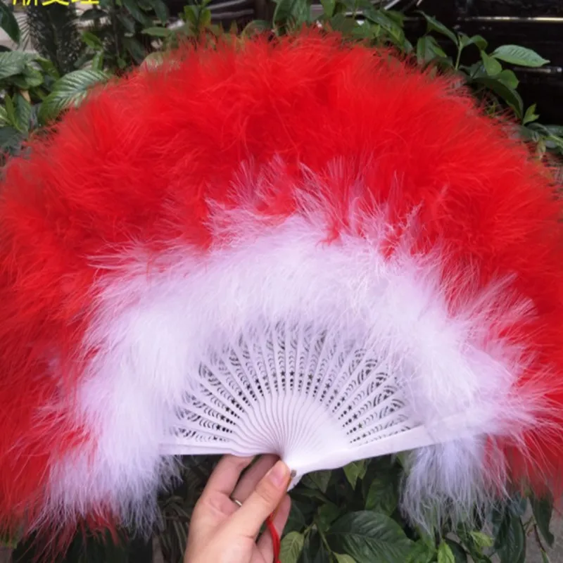 Многоцветный китайский стиль перьевой вентилятор для танцев реквизит свадебный подарок ручной вентилятор складной Вентилятор 50X30 см - Цвет: red and white