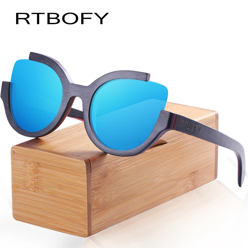 RTBOFY Wood Sunglasses for Men and Women Skateboard Wood Frame Shades font b Cat b font