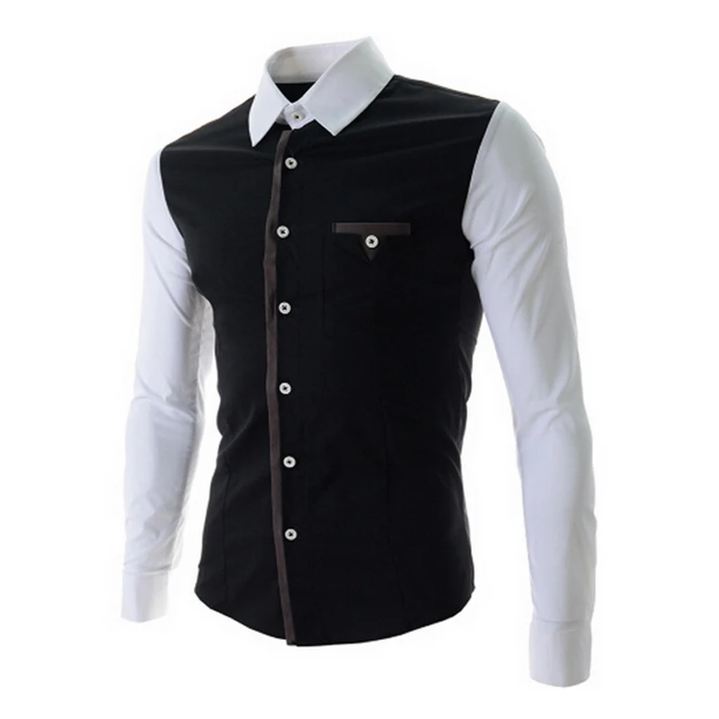 M 2XL 2015 Top Brand Men Shirt Black Patchwark Button Men's Cotton Long