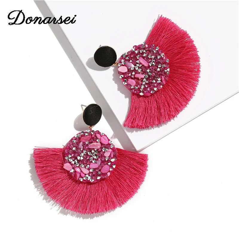 

Donarsei Bohemia Stones Tassel Earrings For Women Fashion Rhinestone Sector Fringe Drop Dangling Earrings Ethnic Jewelry