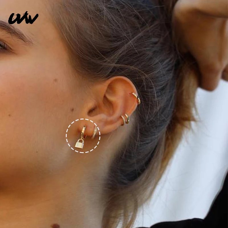 

UVW023 2pc Trendy Punk Surgical Steel Lock Key Ear Stud Earrings for Women Cool Boho Ear Plugs Piercing Pendientes Brincos