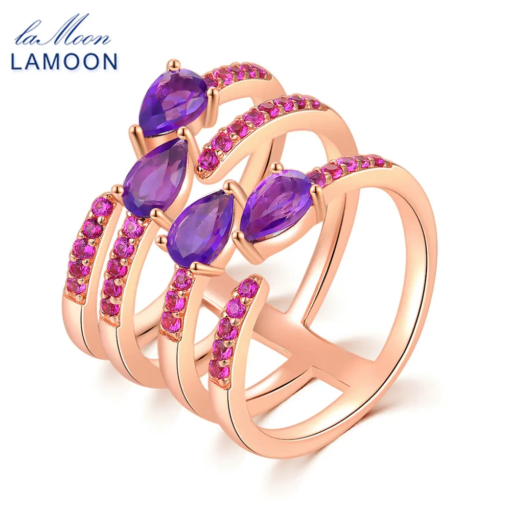 LAMOON 4 Pieces 5x3mm 100% Natural Amethyst 925 Sterling Silver Ring Cocktail Jewelry Purple Gift Girlfriend LMRI042