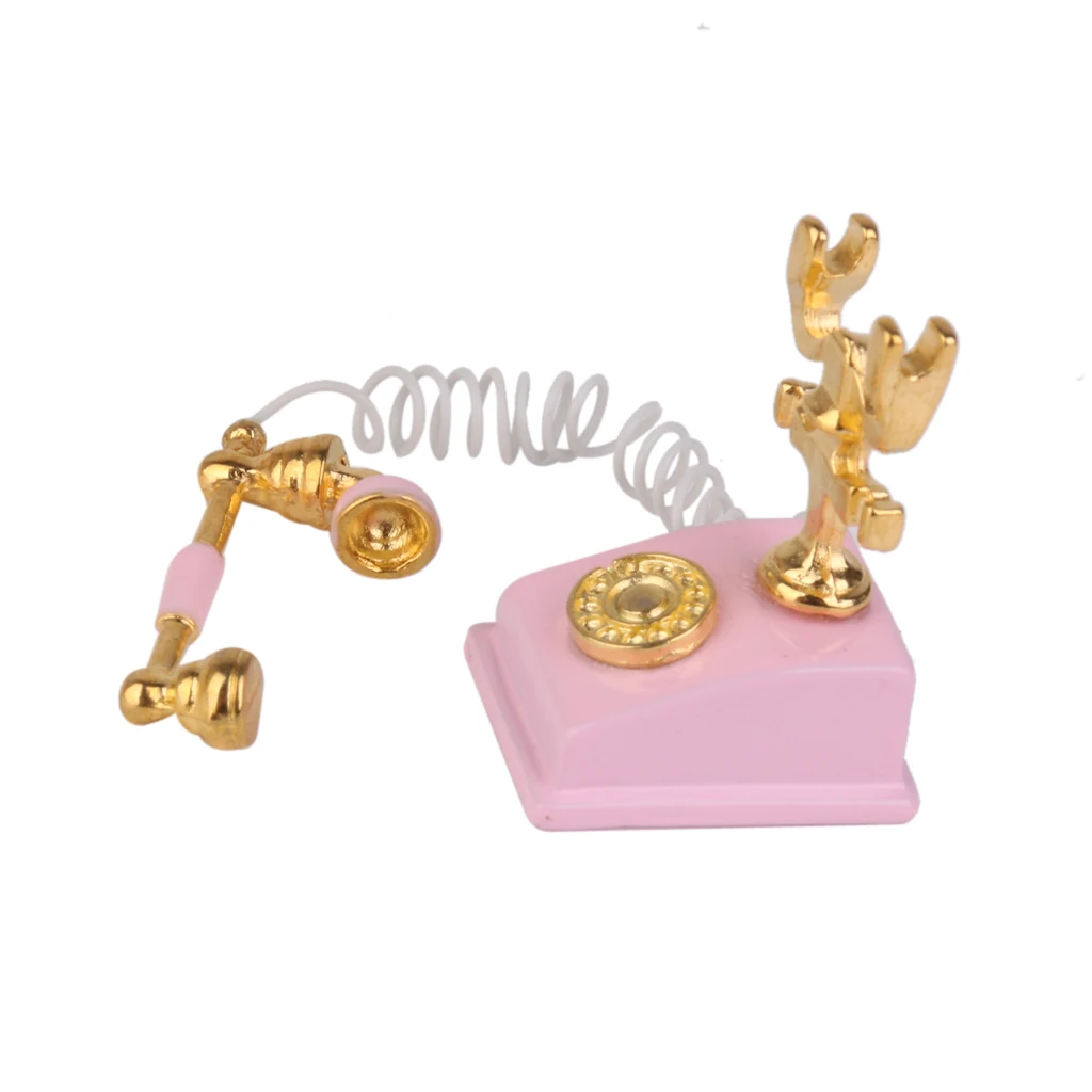 1/12 Retro Phone Pink Vintage Desk Telephone Dollhouse Miniature Simulation Toy