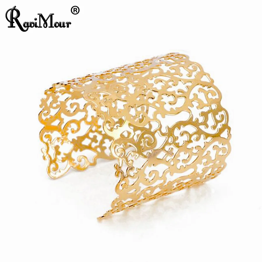 Punk Cuff Bracelets for Women Big Wide Bangle Bracelet Jewelry Fashion Statement Hollow Flower Carved Charm Pulseiras RAVIMOUR bangle bracelet