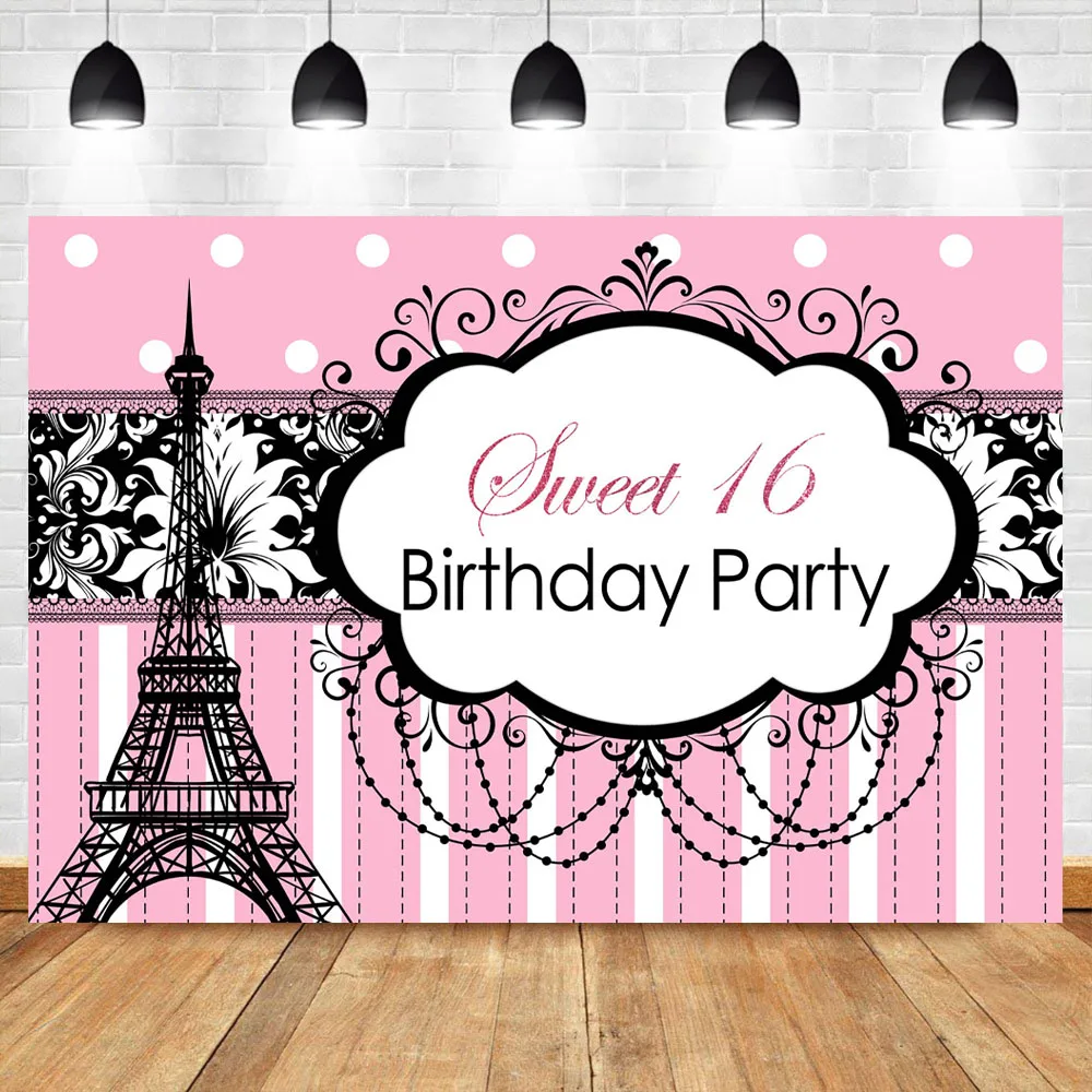 

NeoBack Sweet 16st Birthday Party Photography Background Pink Eiffel Tower Custom Age Birthday Backdrop Party Banner Decorate