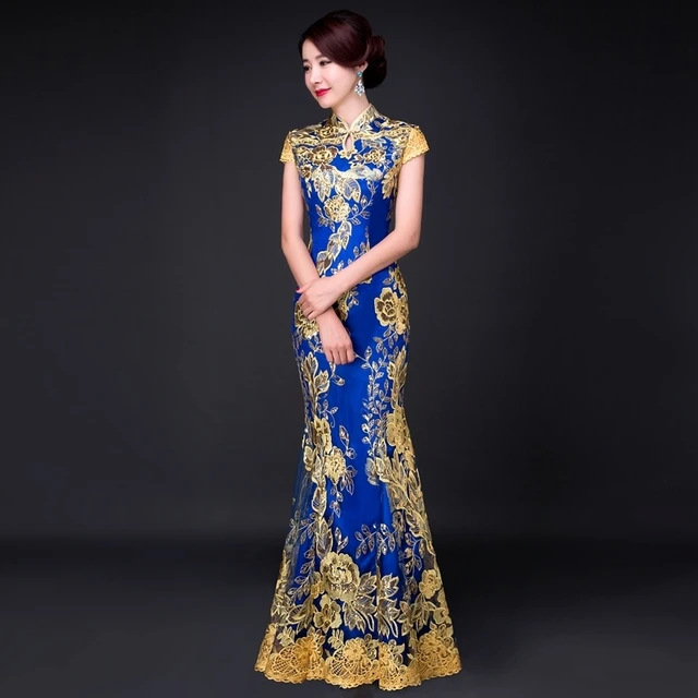 Blue Fishtail Lace Cheongsam Gold Thread Embroidery Sequins Long Blue Fishtail Lace Cheongsam Gold Thread Embroidery Sequins Long Qipao Chinese Dress Traditional Robe Chinoise Abendkleider