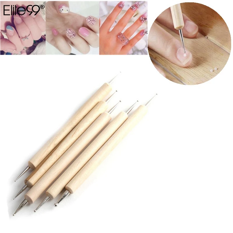 Elite99 5Pcs 2 Way Wooden Dotting Pen Marbleizing Tool Nail Art Dot