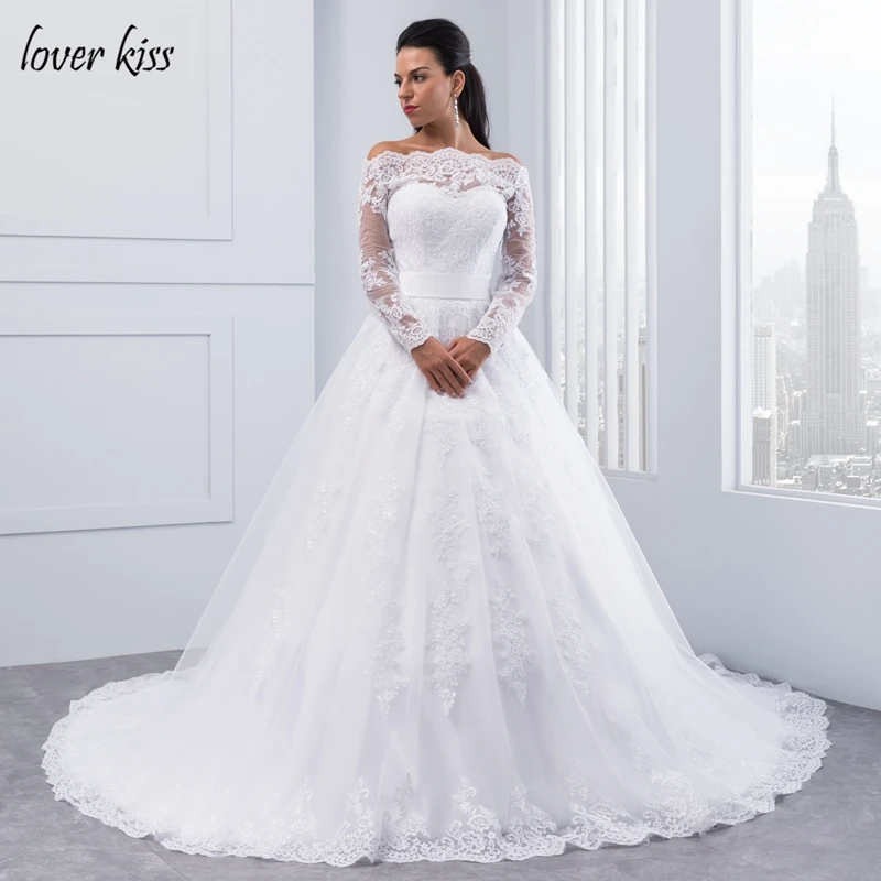 Lover Kiss vestidos de noiva с открытыми плечами Длинные рукава Свадебные платья кружевной вырез лодочкой свадебное платье белый пояс robe de mariage